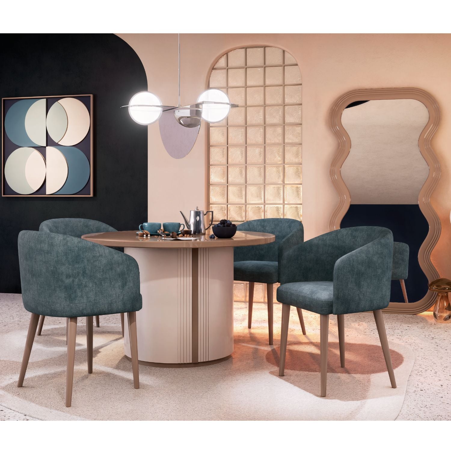 Comedor 6 Puestos Oklam Chenille Koi Indigo, Capuchino