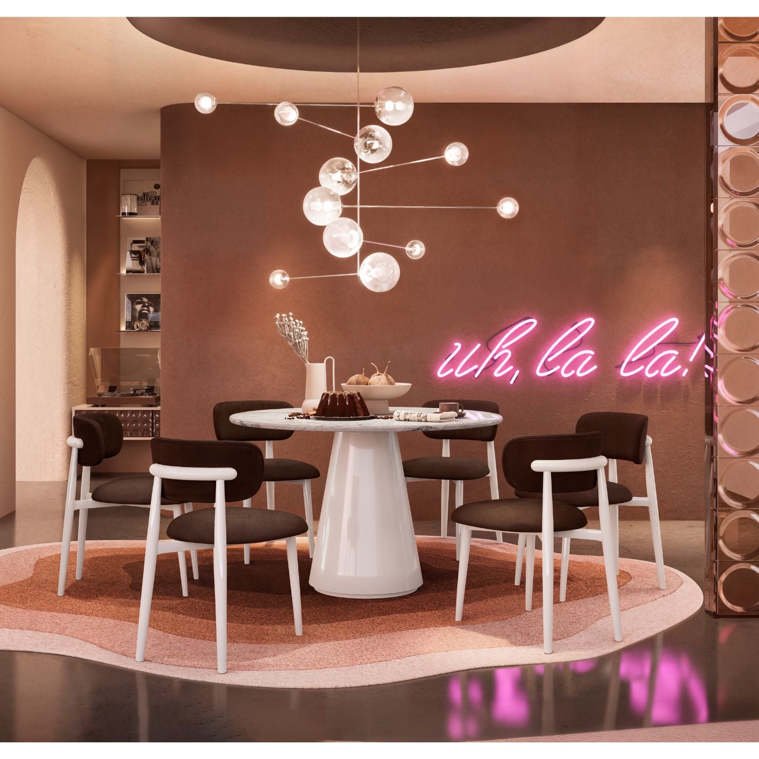 Comedor 4 puestos Filip Velvet Chocolate, Off White, Marmolizado