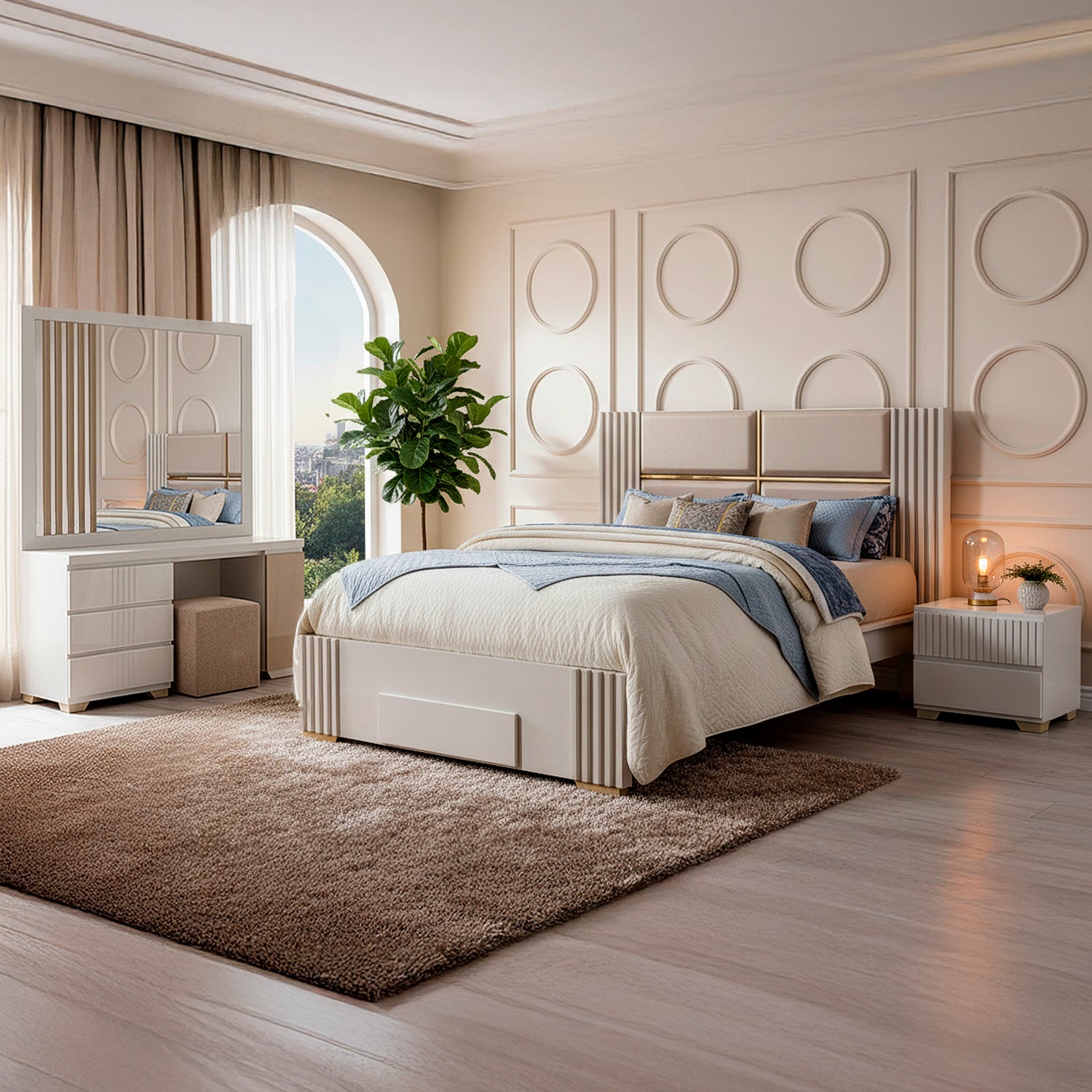 Cama Queen Texas Eurolino Beige, Off White y Champaña