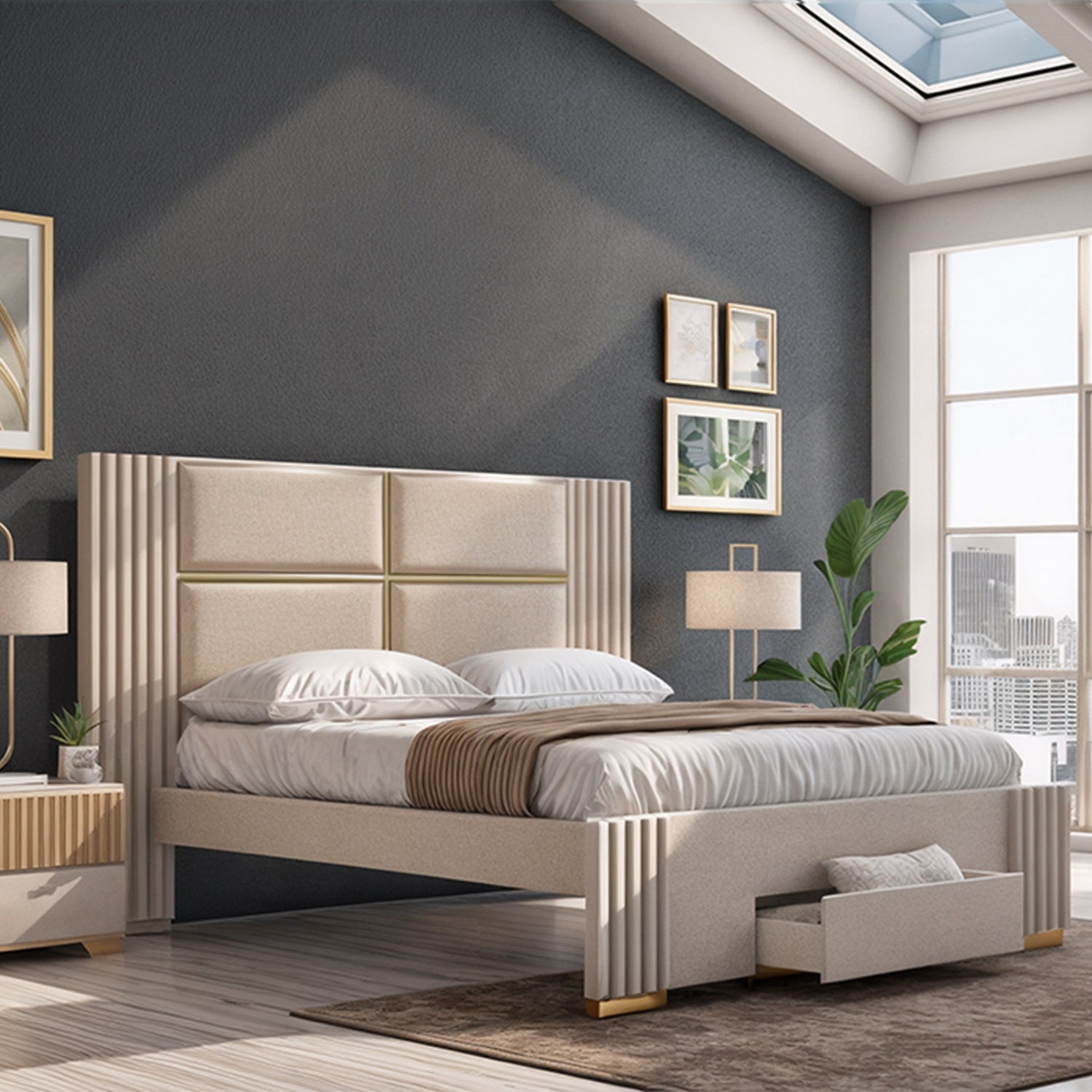 Cama Semi Doble Texas Eurolino Beige, Off White y Champaña