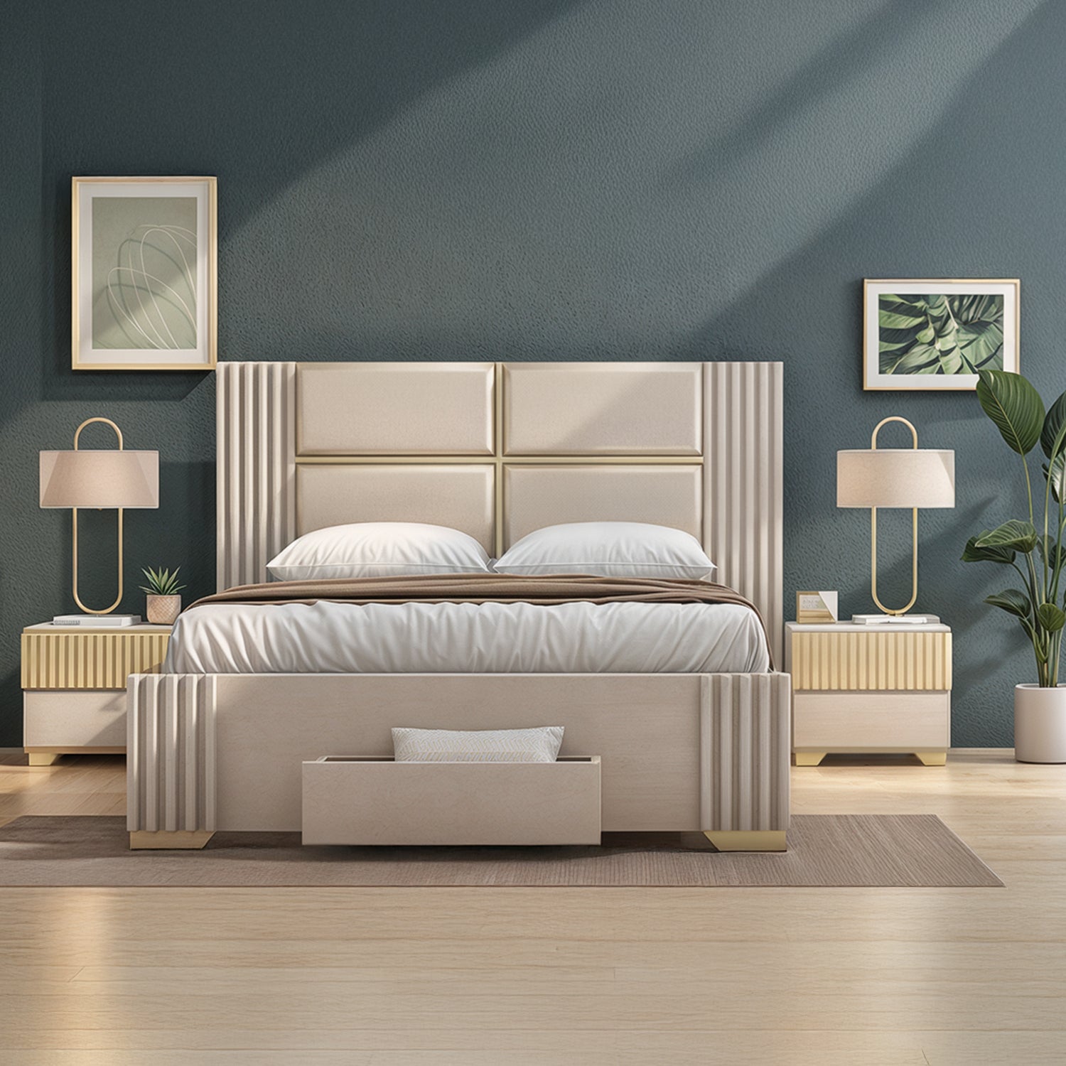 Cama Queen Texas Eurolino Beige, Off White y Champaña