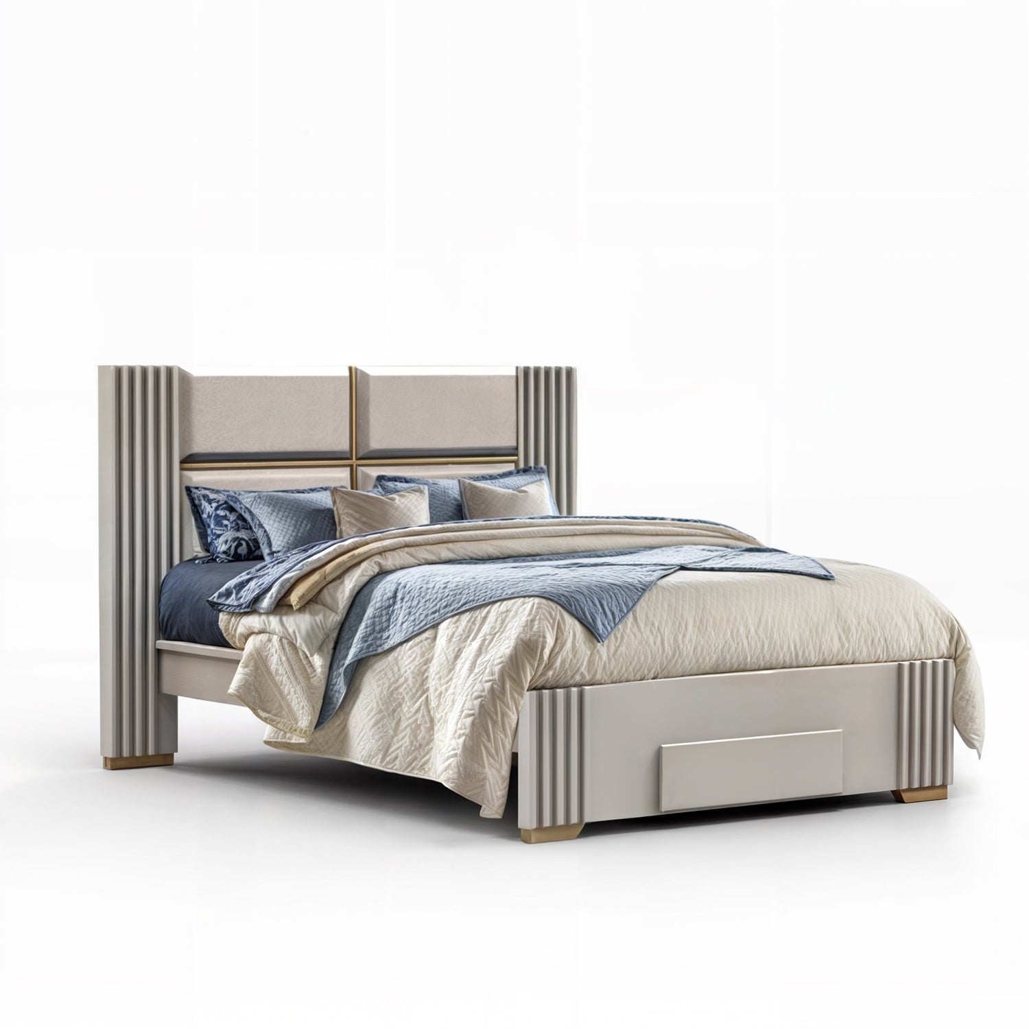 Cama Queen Texas Eurolino Beige, Off White y Champaña