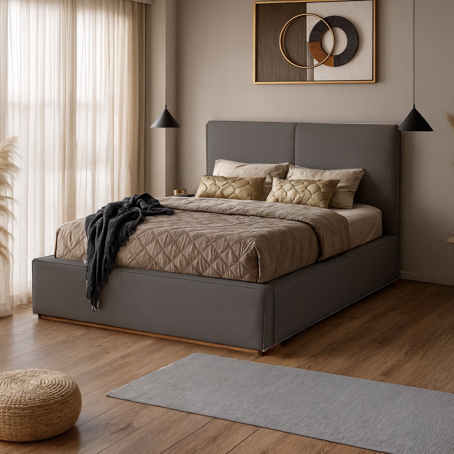 Cama Queen Tanner Microfibra Gris