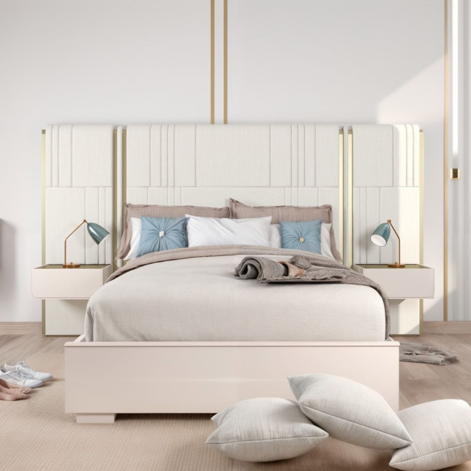 Cama Queen Devon Beige Perla, Off White y Champaña