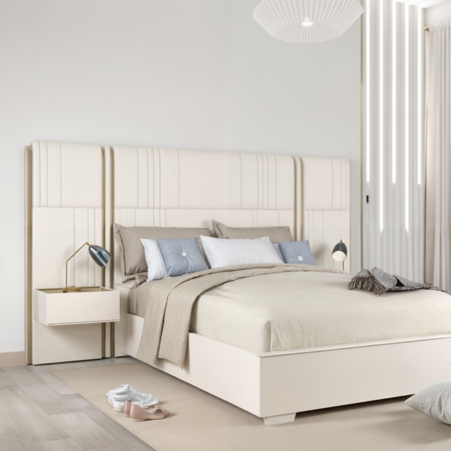 Cama Queen Devon Beige Perla, Off White y Champaña