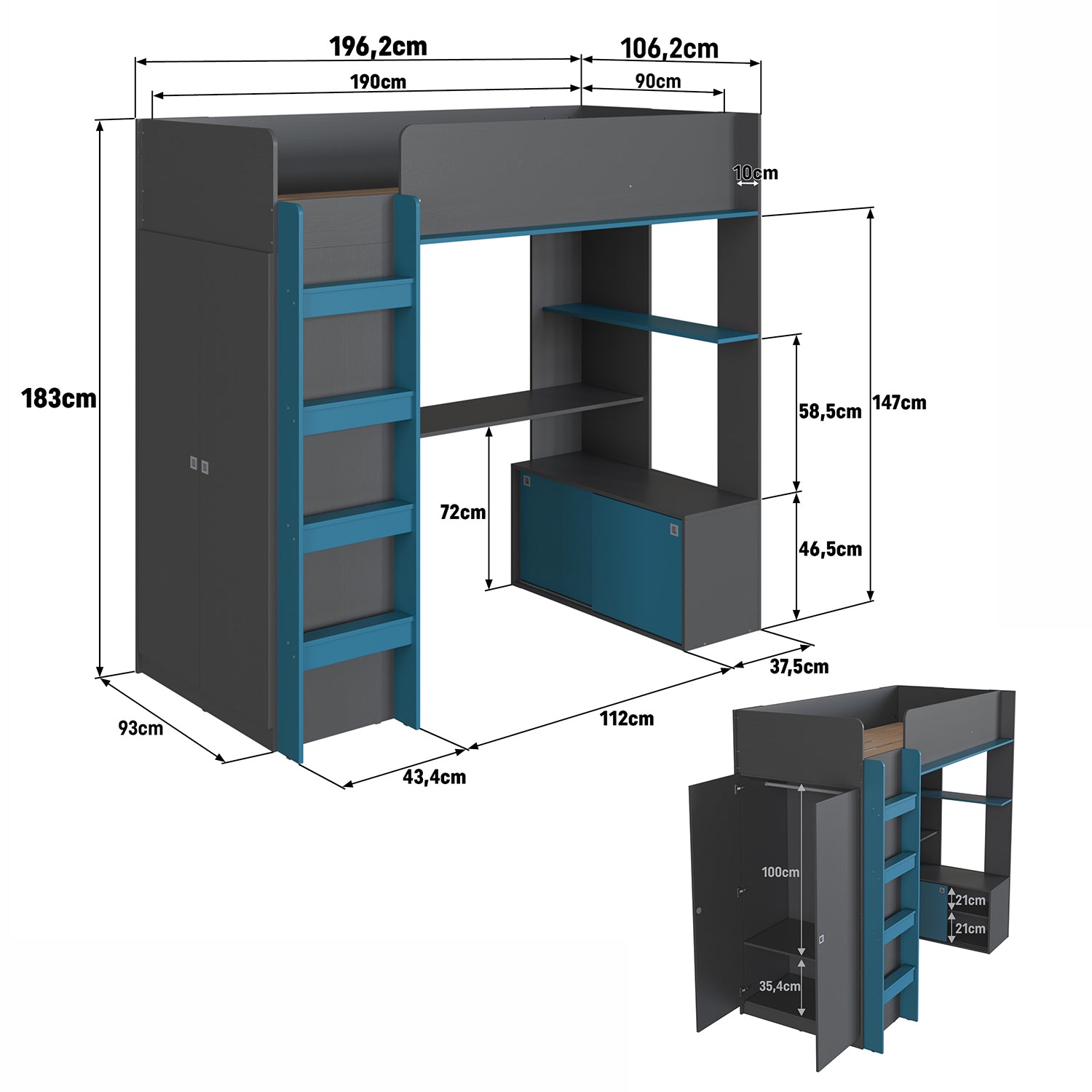 Cama Multifuncional 0.90 Axel Gris, Azul
