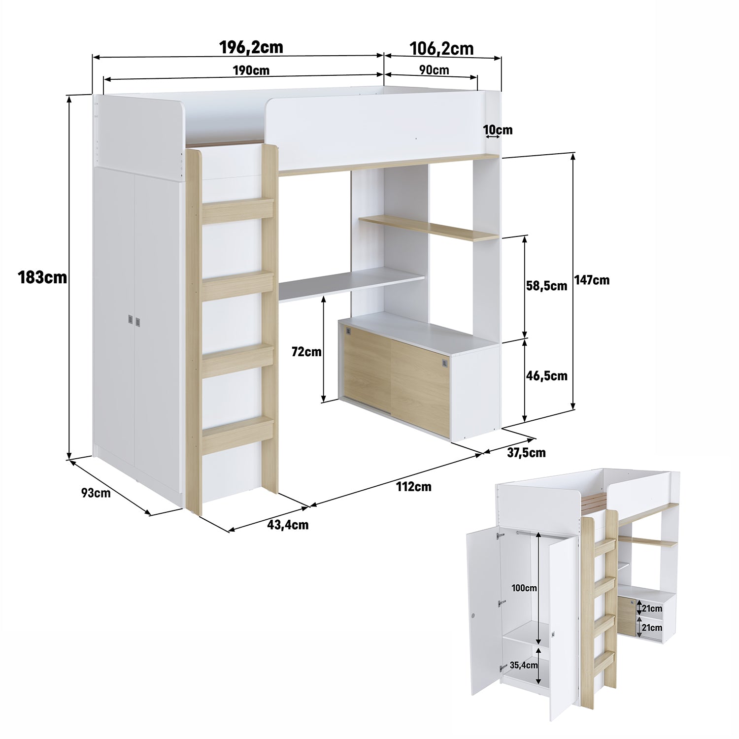Cama Multifuncional 0.90 Axel Blanco, Natural