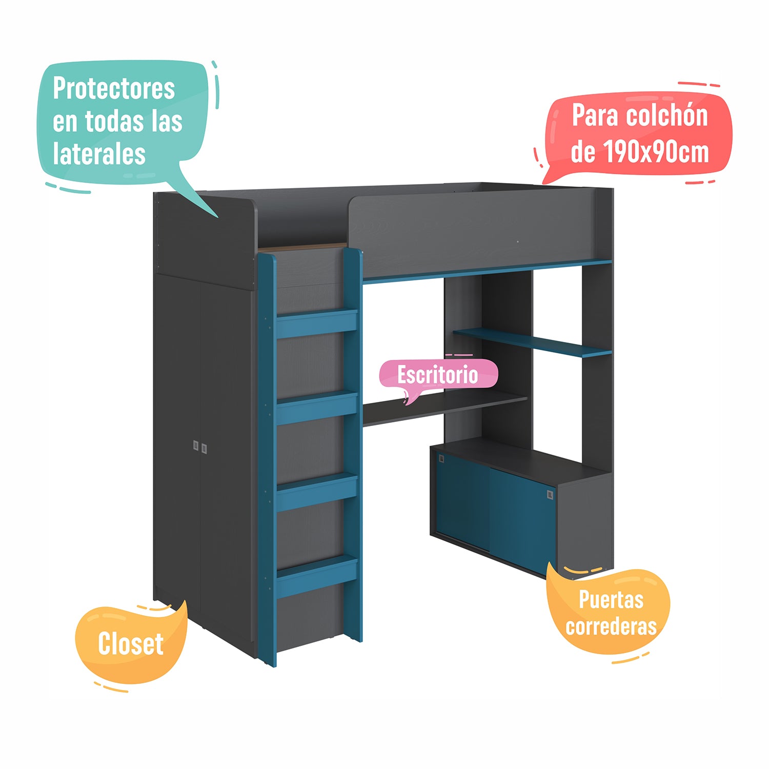 Cama Multifuncional 0.90 Axel Gris, Azul