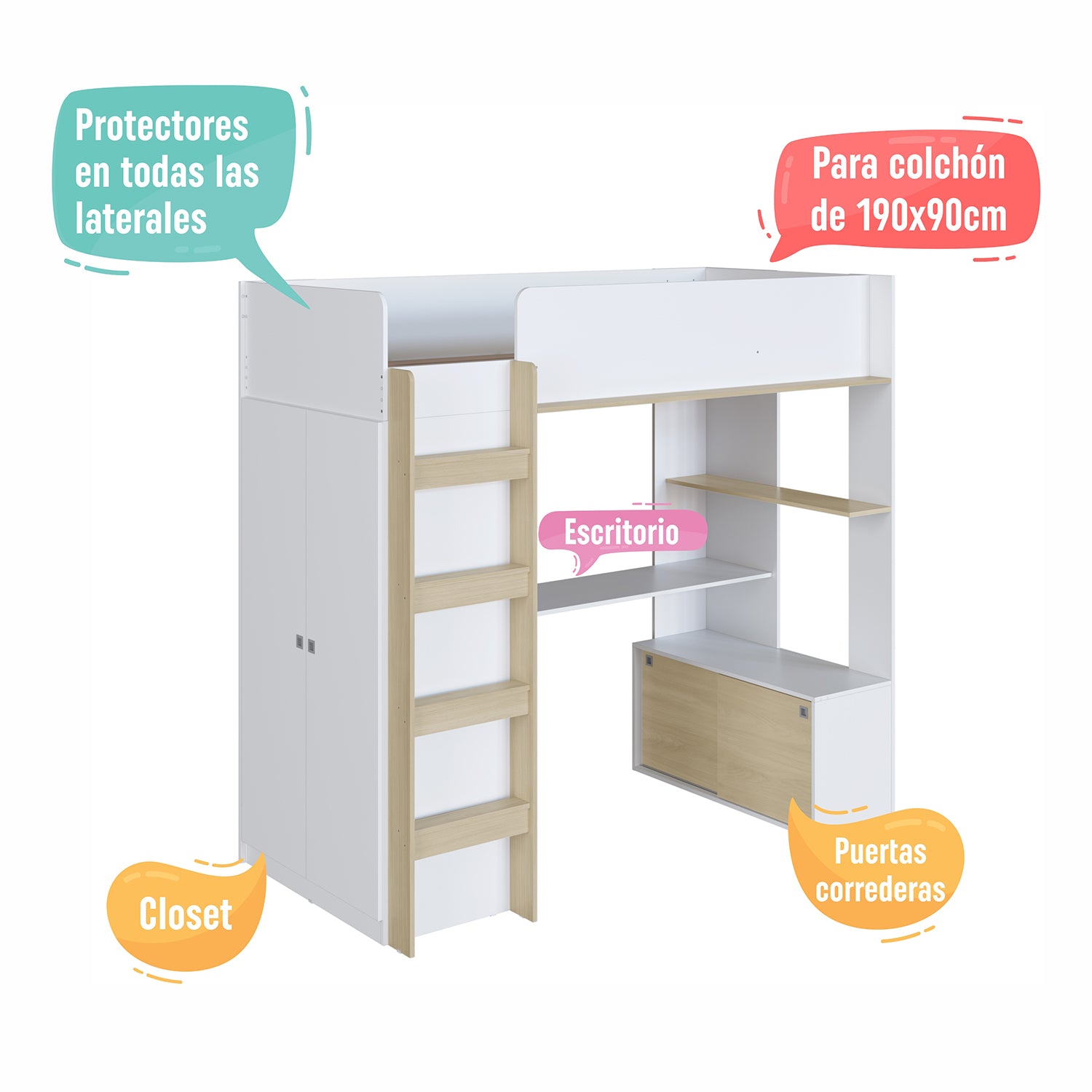 Cama Multifuncional 0.90 Axel Blanco, Natural