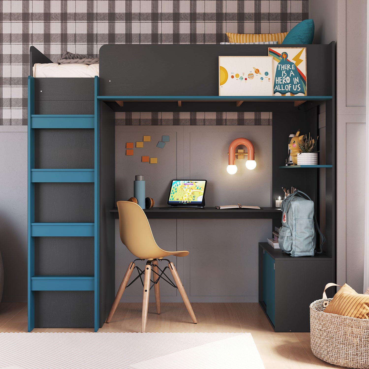 Cama Multifuncional 0.90 Axel Gris, Azul