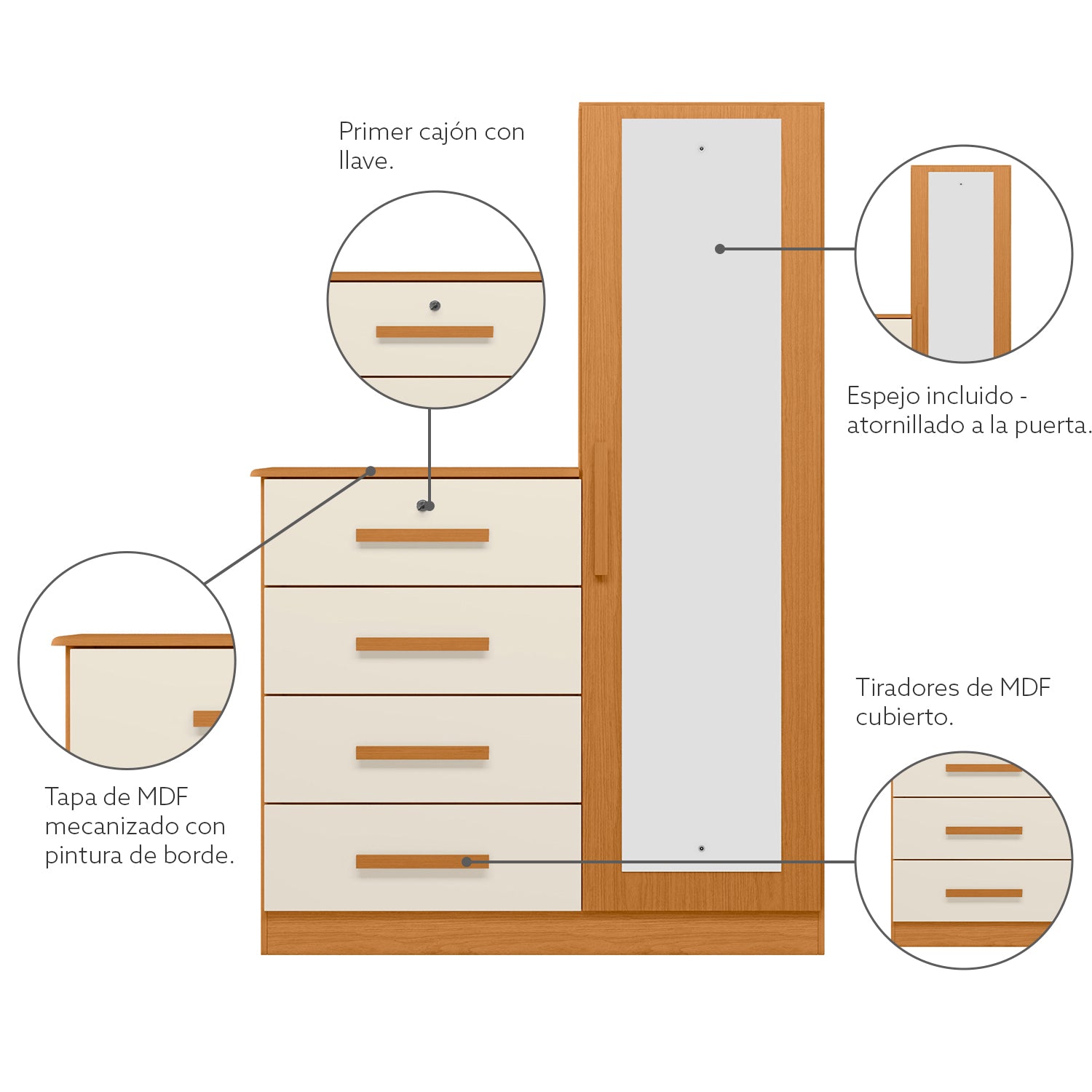 Cómoda + Tocador Aktual Off White, Natural