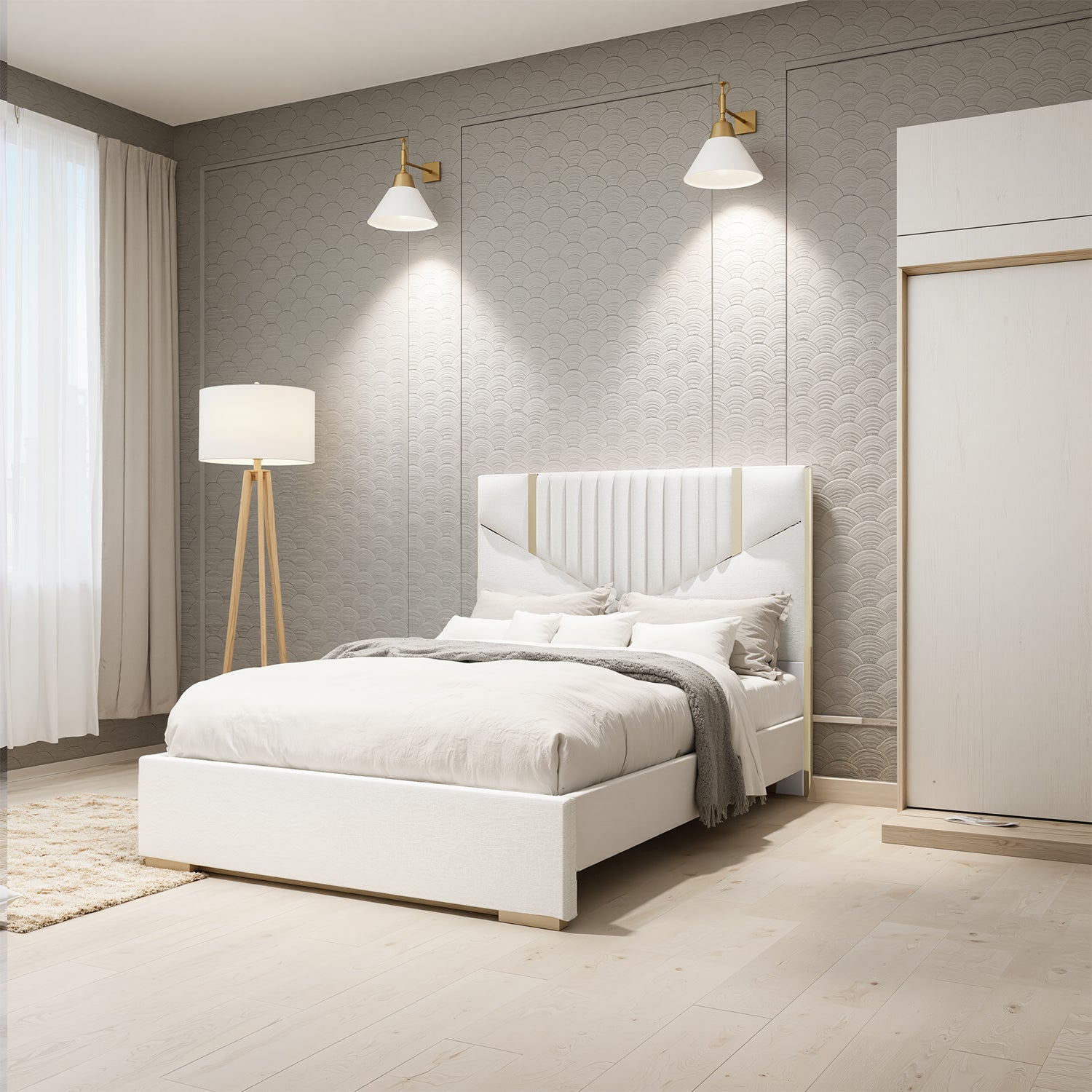 Cama Doble Santana Beige Perlado,Champaña