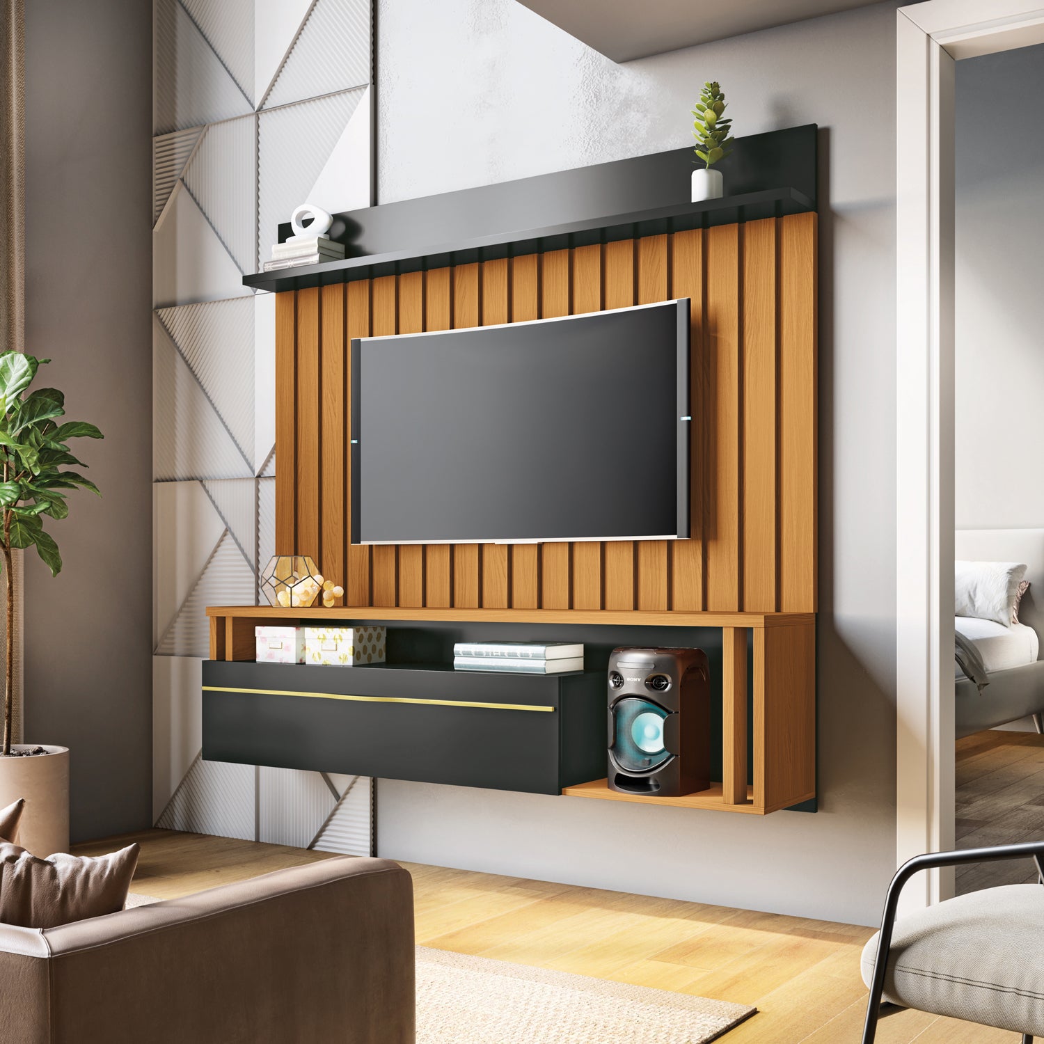 Panel De Tv Troy 160X155X34 Negro, Natural