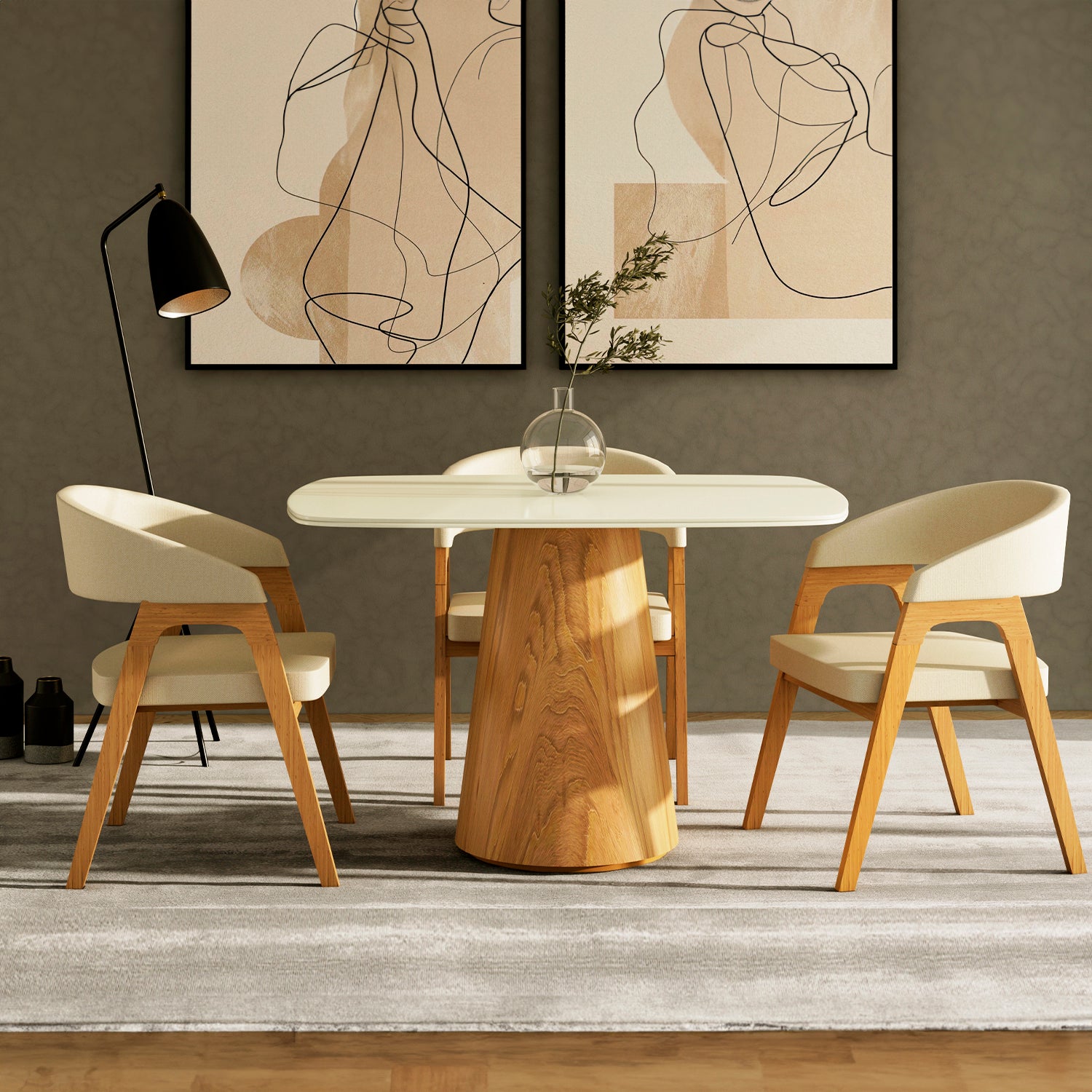 Comedor 4 Puestos Vicka Chenille Serena Crema, Natural