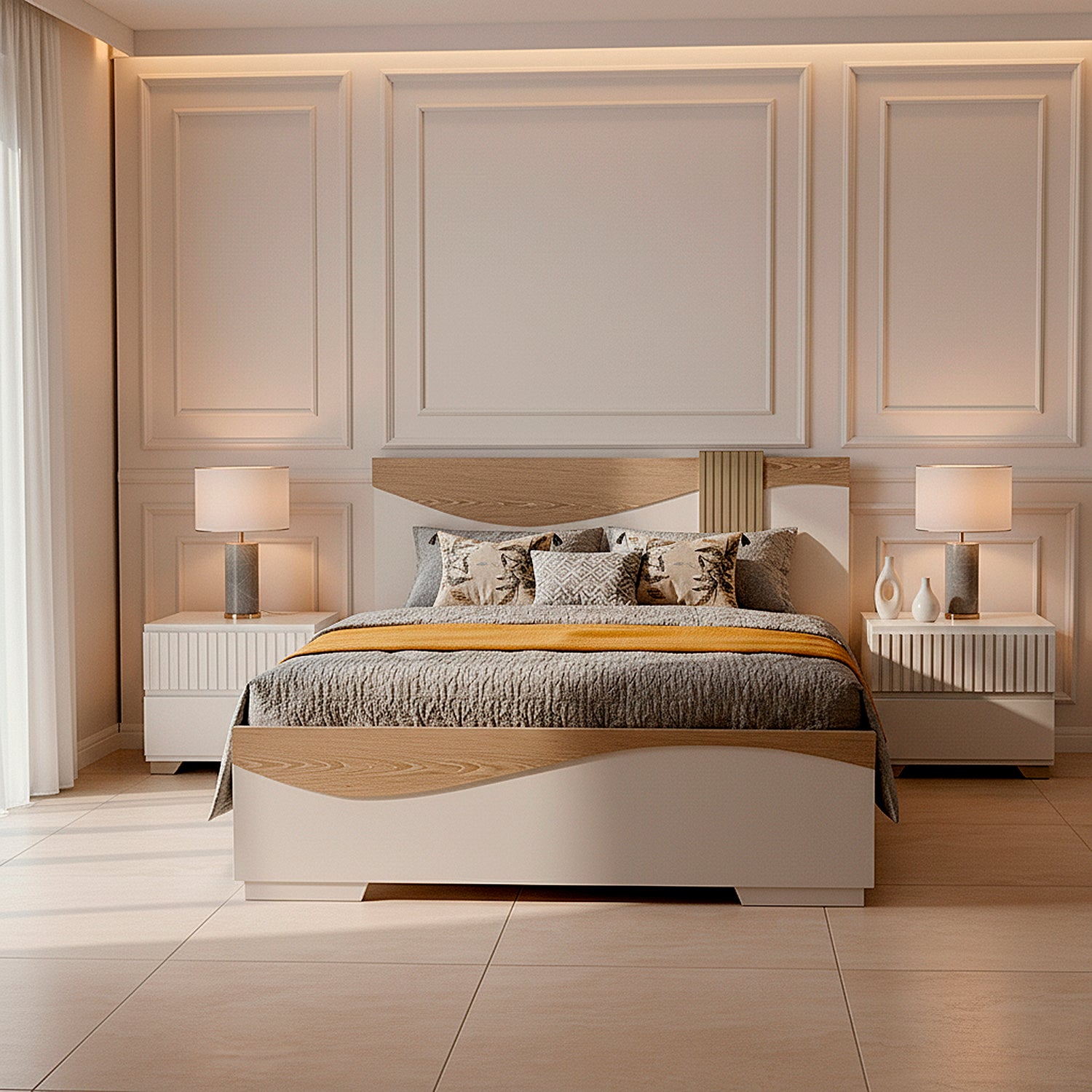 Cama Doble Keneth Off White, Champaña