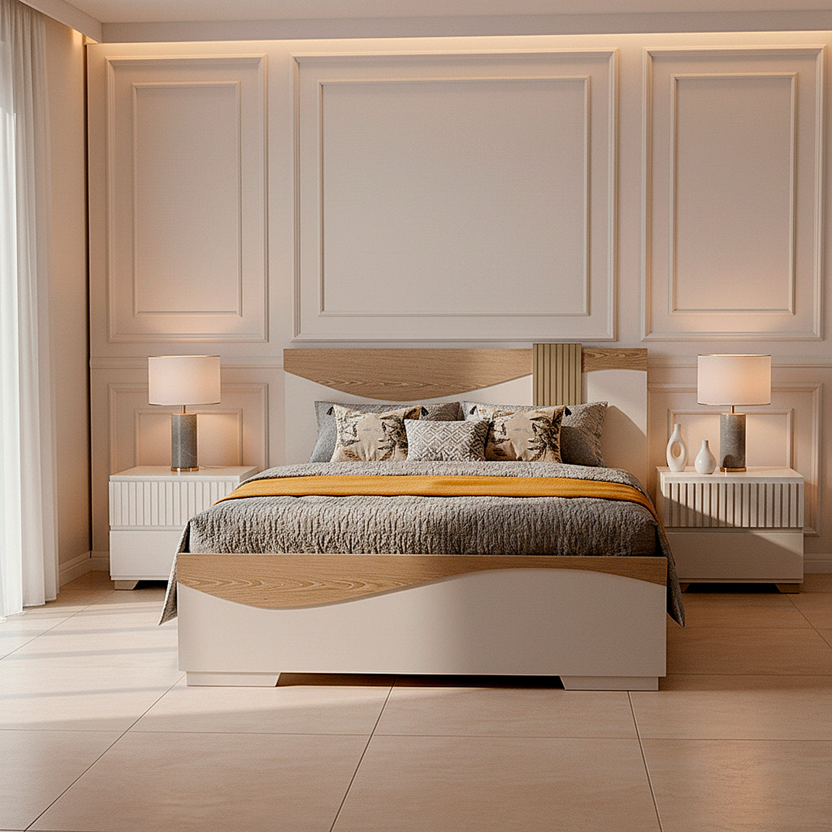 Cama Doble Keneth Off White, Champaña