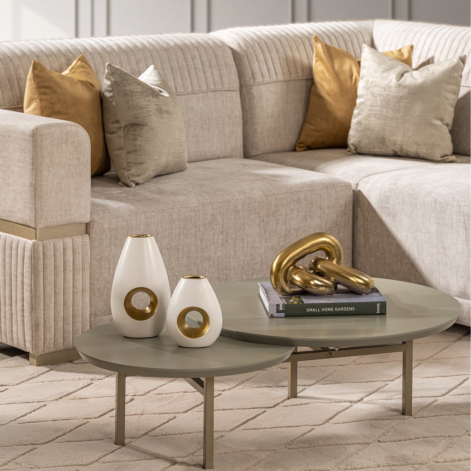 Sofá en L Dhara Velvet Atlas Marmol, Champaña 3 Piezas Brazo Desmontable