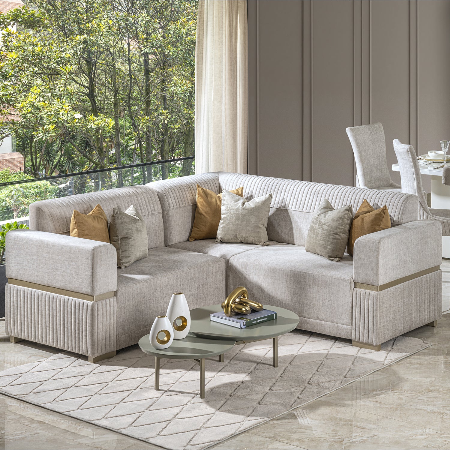 Sofá en L Dhara Velvet Atlas Marmol, Champaña 3 Piezas Brazo Desmontable