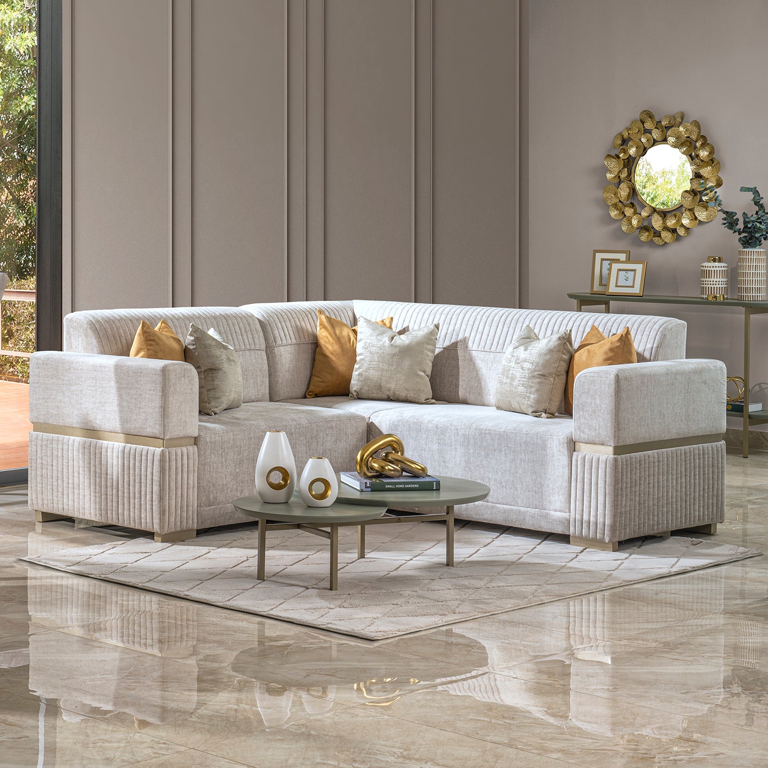 Sofá en L Dhara Velvet Atlas Marmol, Champaña 3 Piezas Brazo Desmontable