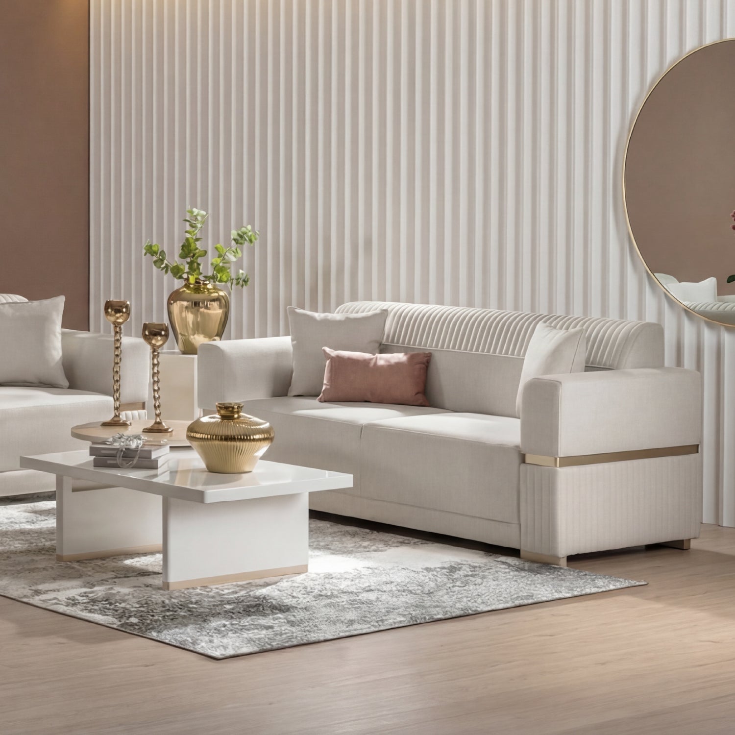 Sofá 2 Puestos Dhara Eurolino Blanco, Champaña Brazo Desmontable