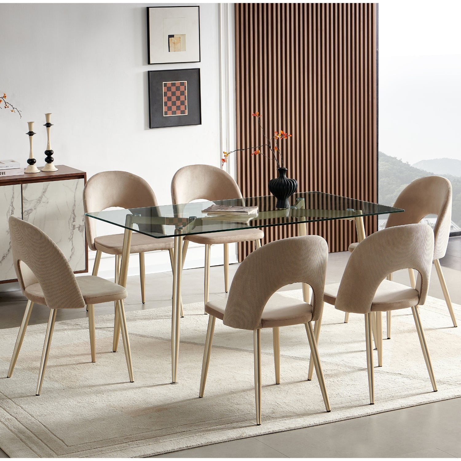 Comedor 6 Puestos Adelle Velvet Beige, Champaña