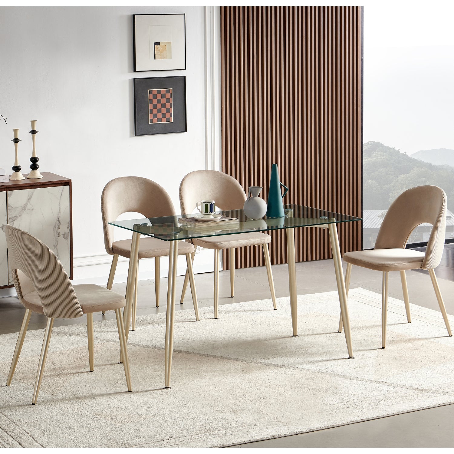 Comedor 4 Puestos Adelle Velvet Beige, Champaña