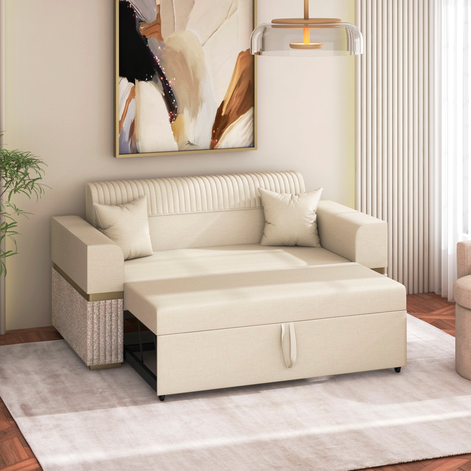 Sofá Cama Dhara Velvet Siena Marfil, Champaña 145 cm Brazo Desmontable