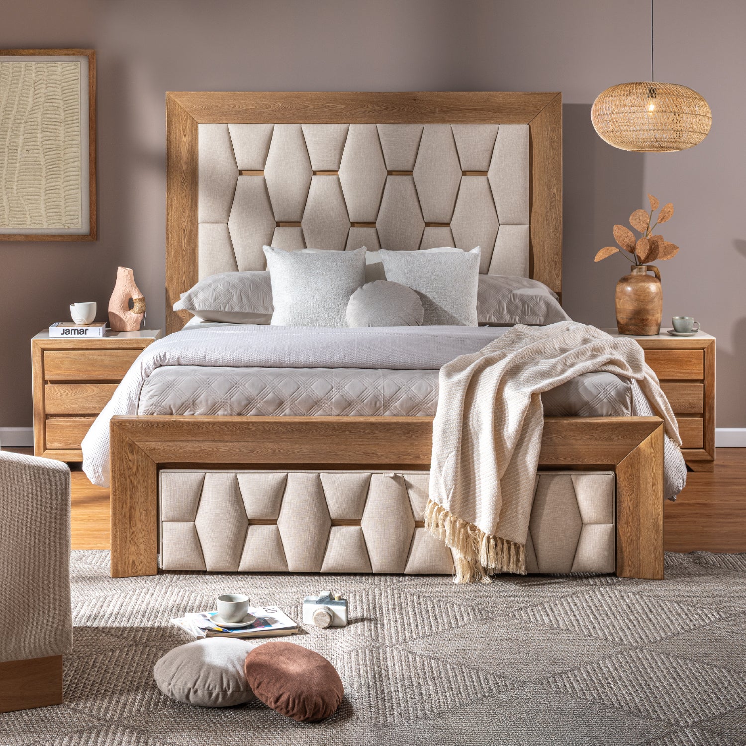 Cama Queen Mila Eurolino Marbella Beige, Natural