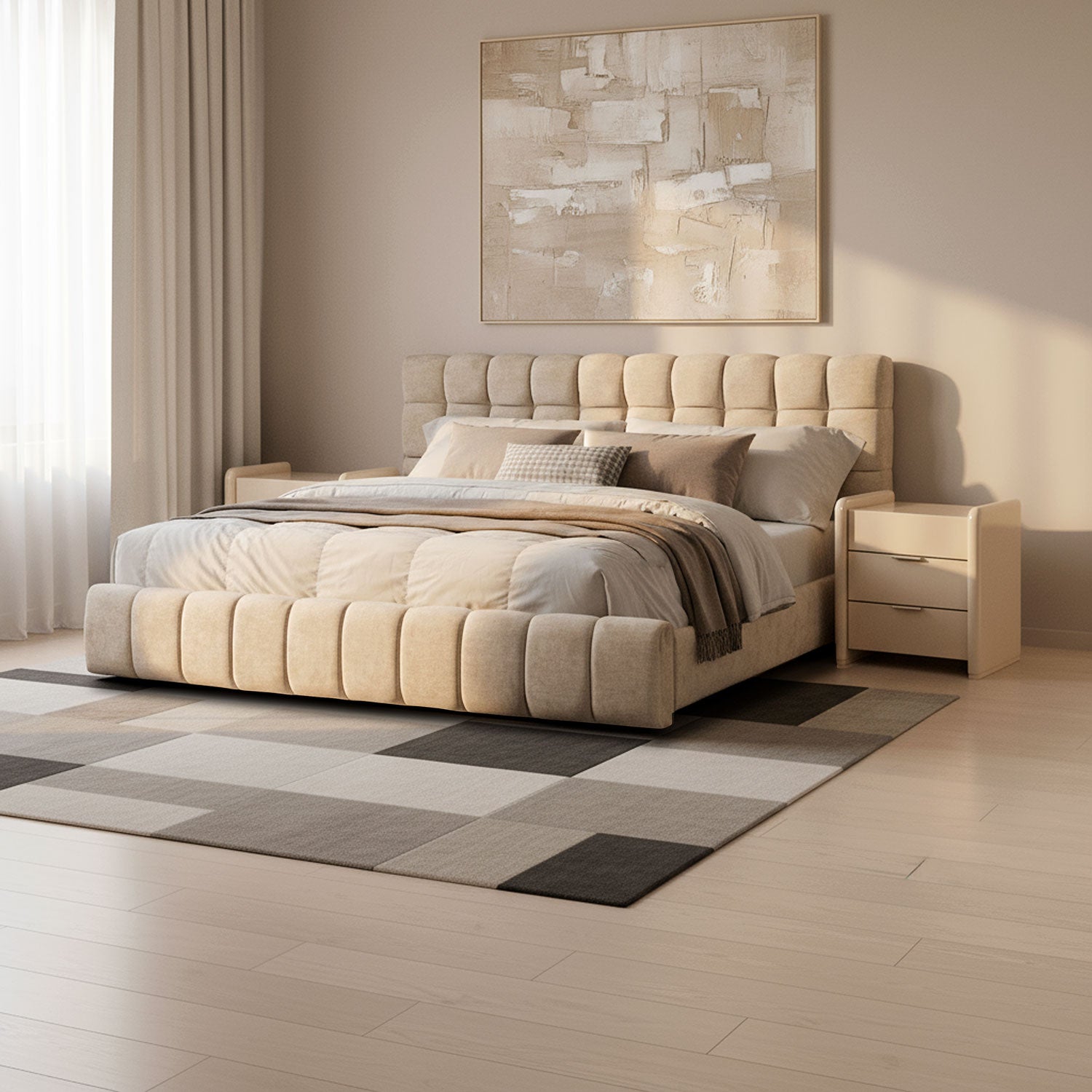 Cama Doble Oklam Microfibra Touch Almendra