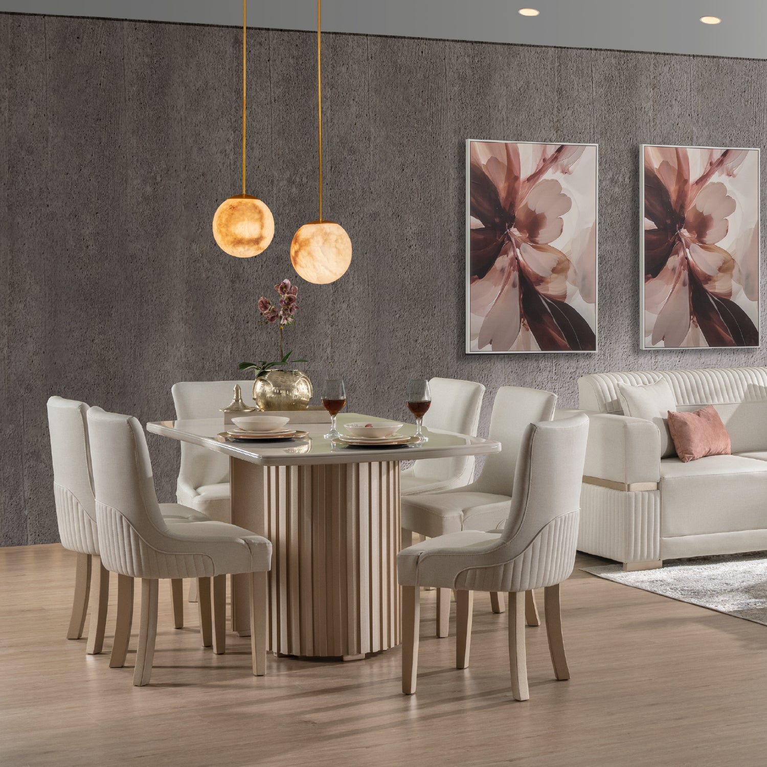 Comedor 6 Puestos Firence Eurolino Blanco Puro, Champaña