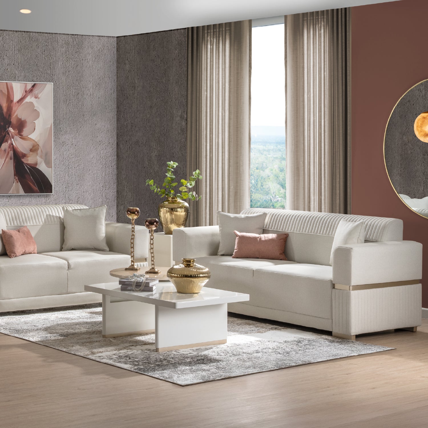 Sofá 2 Puestos Dhara Eurolino Blanco, Champaña Brazo Desmontable