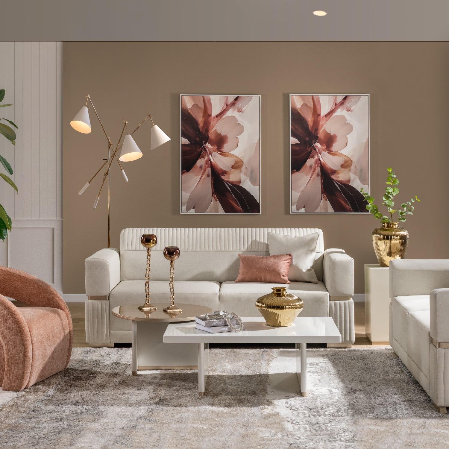 Sofá 2 Puestos Dhara Eurolino Blanco Puro, Champaña