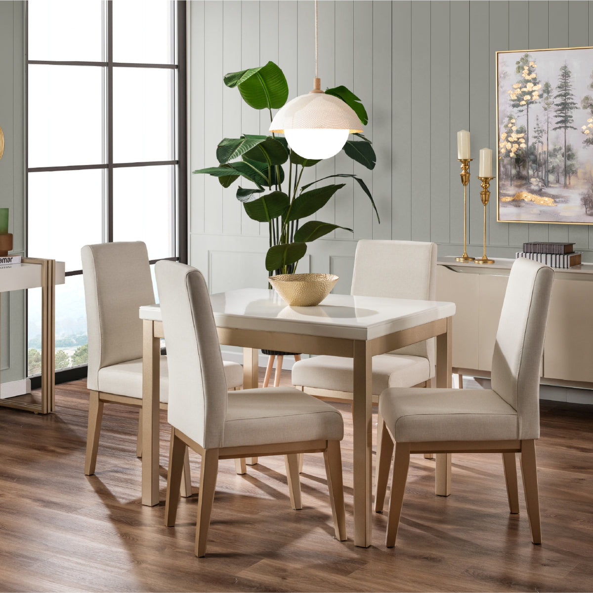 Comedor 4 Puestos Walcot Eurolino Blanco Puro, Champaña