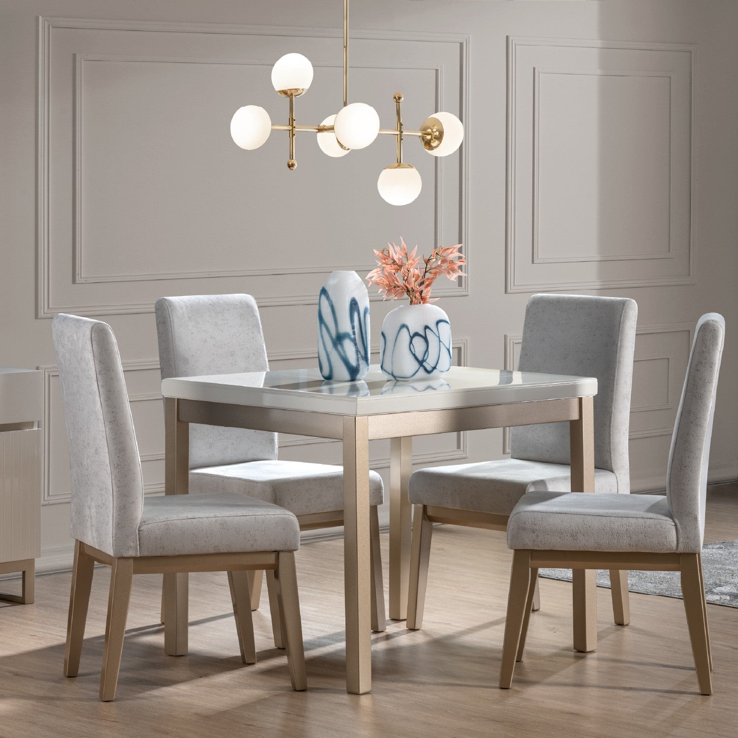 Comedor 4 Puestos Walcot Velvet Eleganza Plata, Champaña