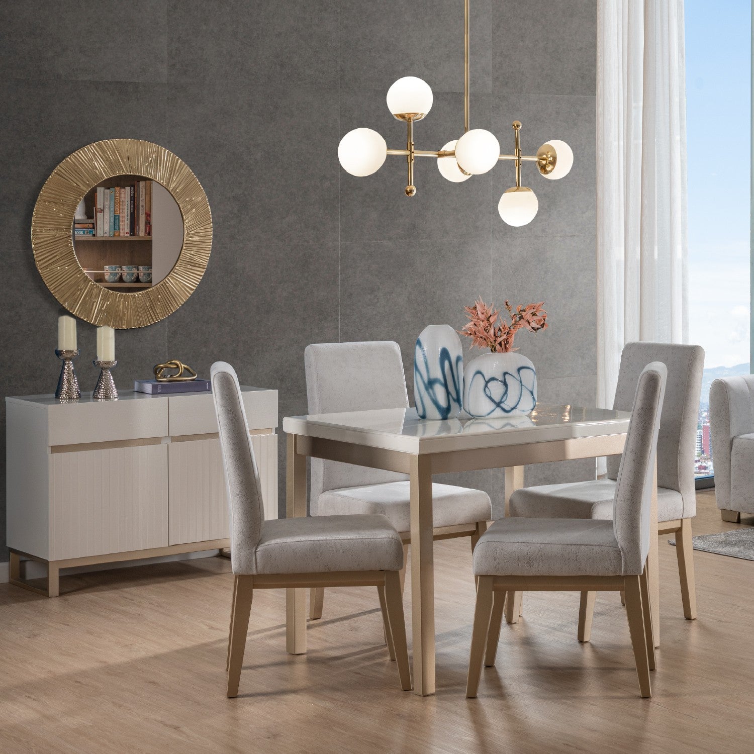 Comedor 4 Puestos Walcot Velvet Eleganza Plata, Champaña