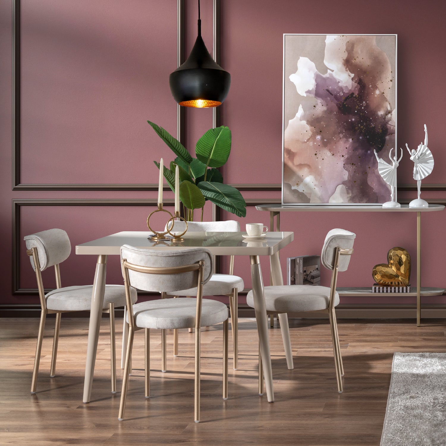 Comedor 4 Puestos Arthur Velvet Eleganza Crudo, Champaña