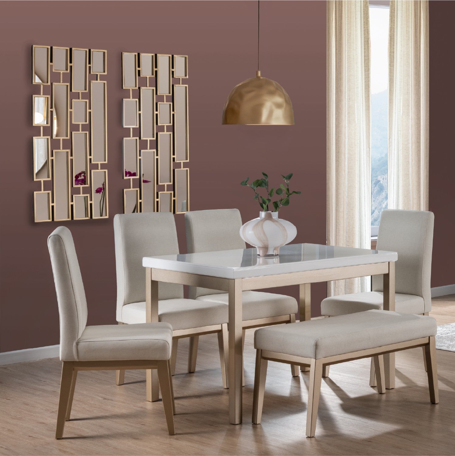 Comedor 6 Puestos Walcot Eurolino Blanco Puro, Champaña