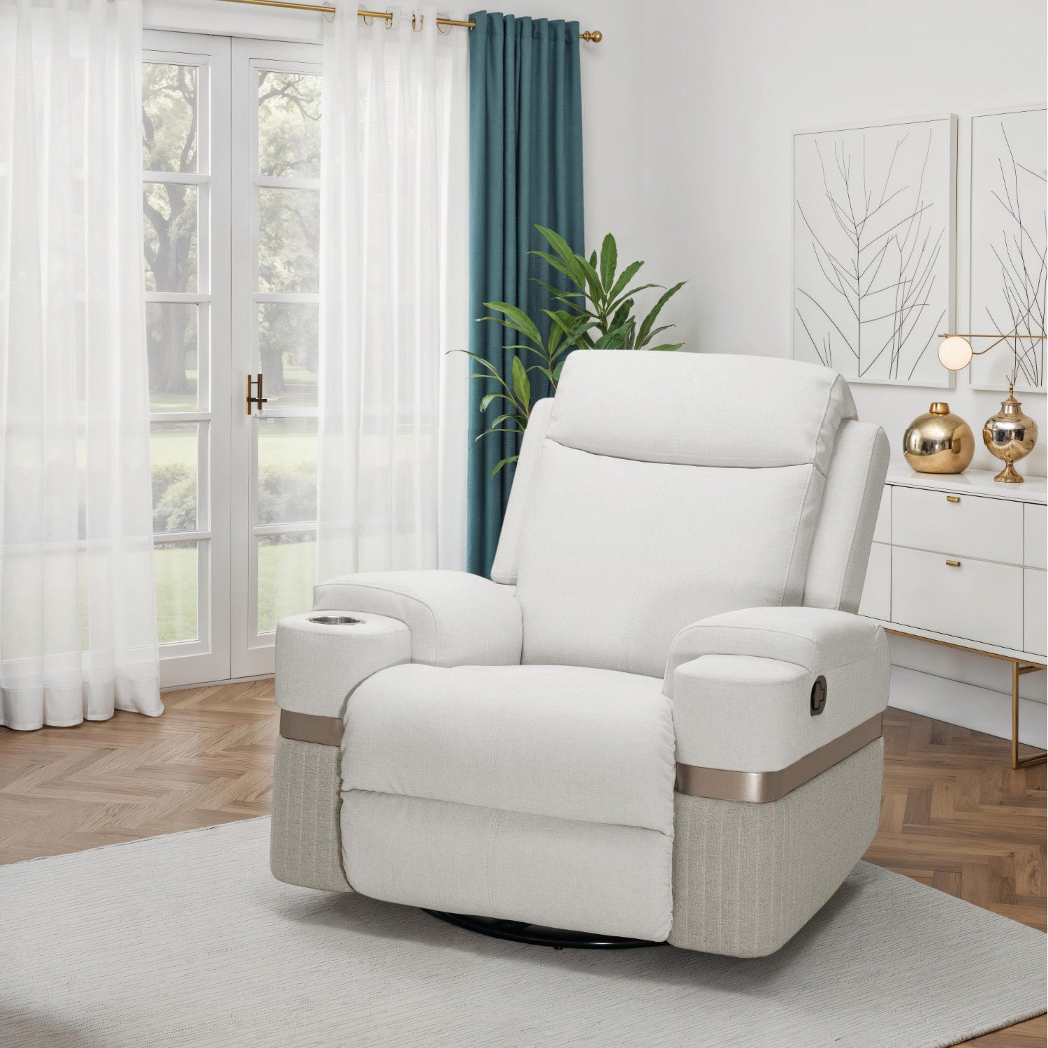 Sillón Reclinable Dior Eurolino Blanco Puro Mecedora Giratoria, Champaña