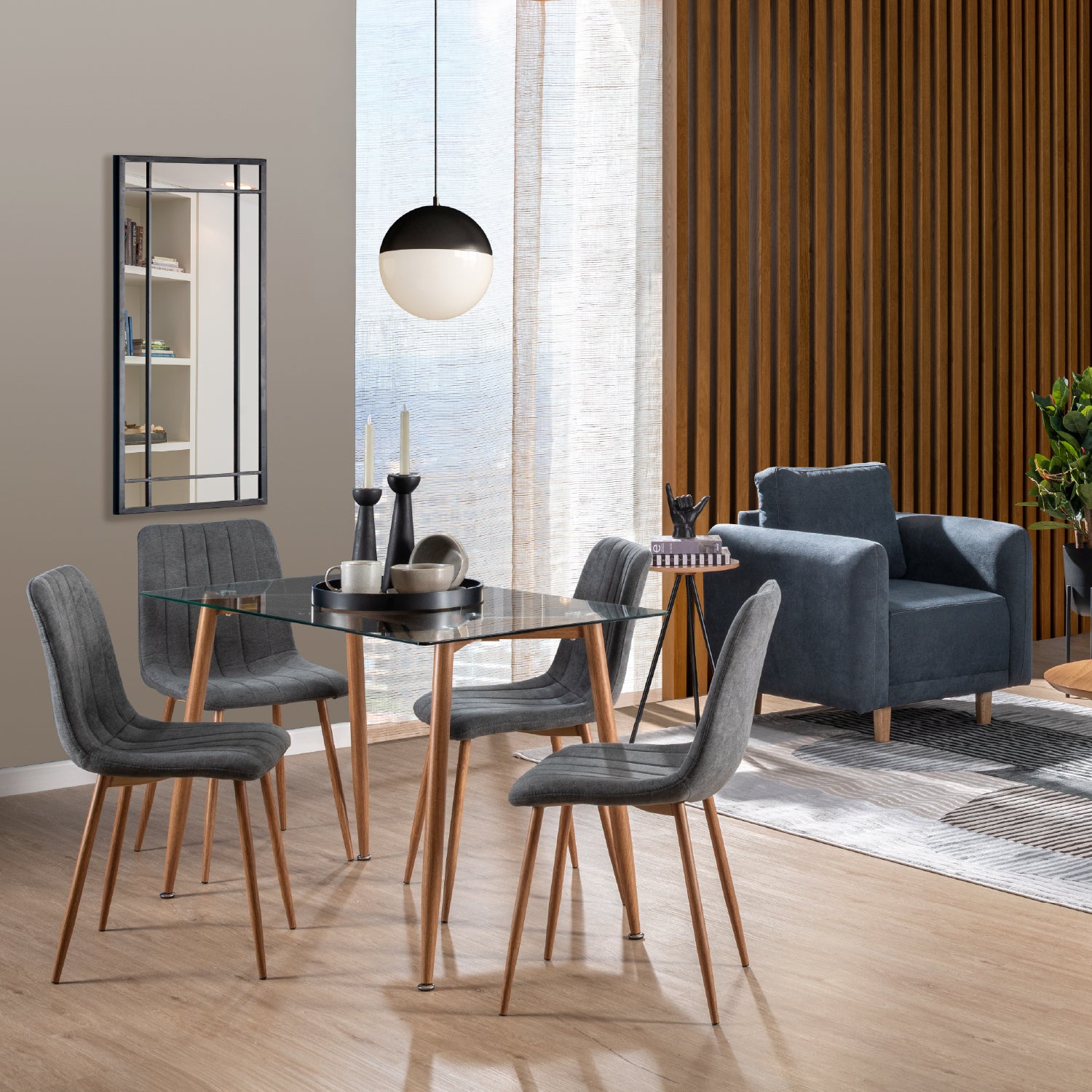 Comedor 4 Puestos Hodson Microfibra Gris, Natural