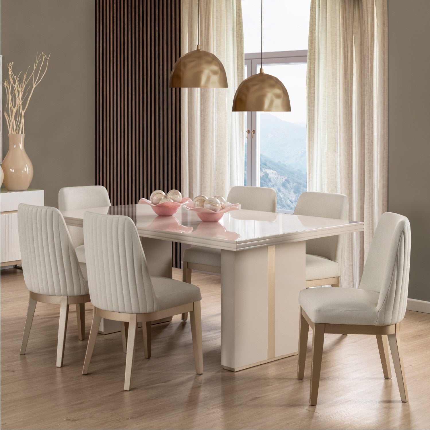 Comedor 6 Puestos Marcus Eurolino Blanco Puro, Champaña