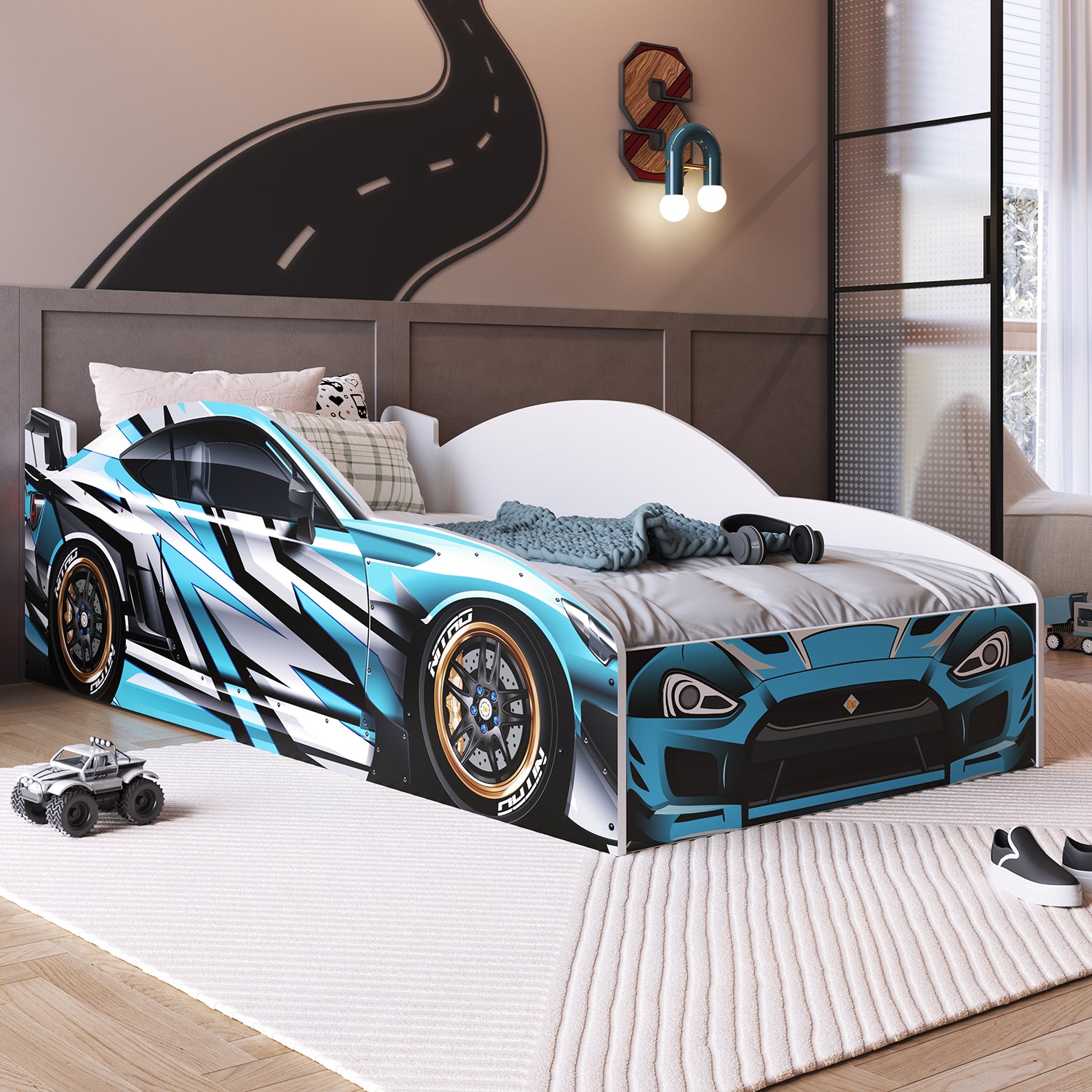 Cama Infantil Carro Speed Azul, Blanco