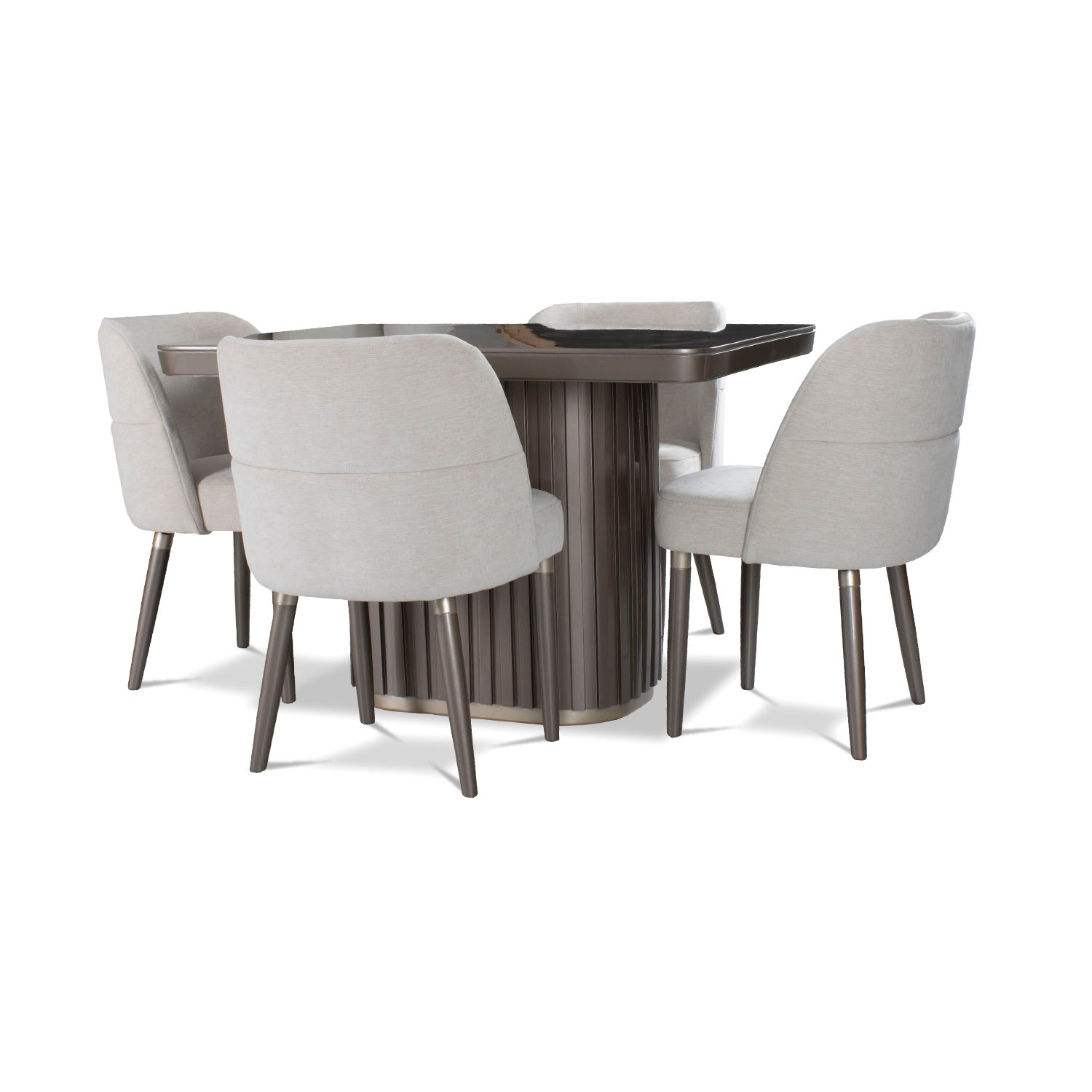 Comedor 4 Puestos Nicole Chenille Touch Almendra, Taupe Perla Cubierta en Madera