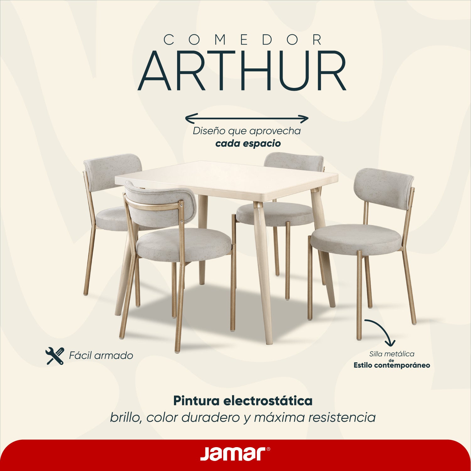 Comedor 4 Puestos Arthur Velvet Eleganza Crudo, Champaña
