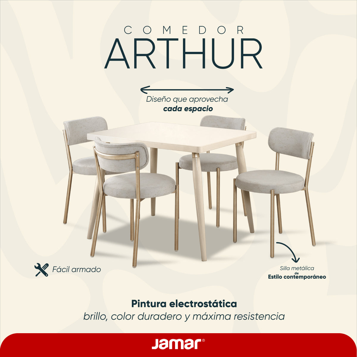 Comedor 4 Puestos Arthur Velvet Eleganza Crudo, Champaña