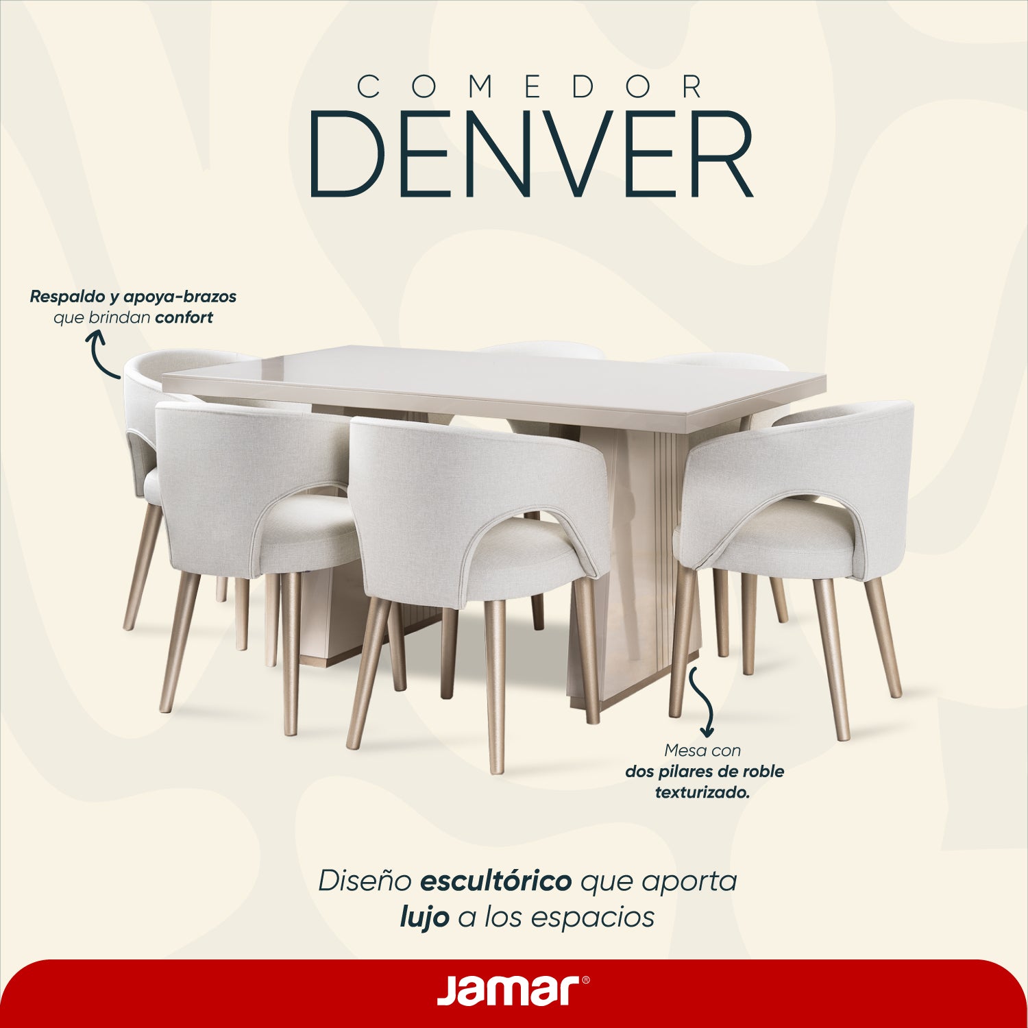 Comedor 6 Puestos Denver Velvet Beige, Greige