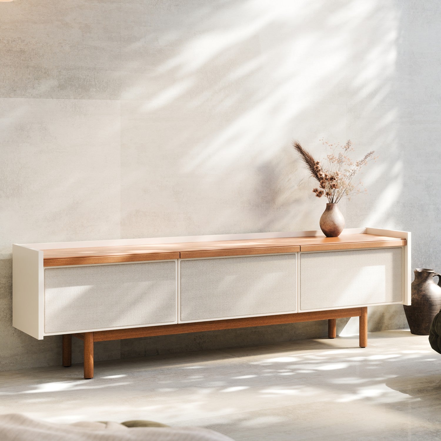 Mesa De Tv Zoe Off White, Natural Malla 54X184X39
