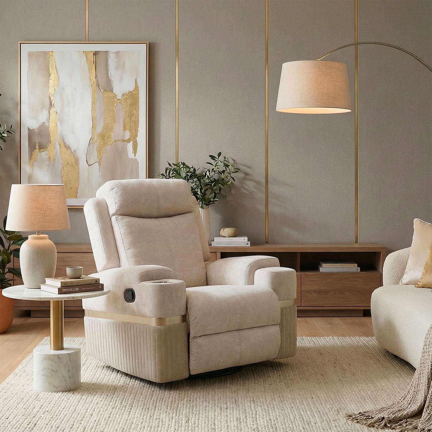 Sillón Reclinable Dior Chenille Touch Almendra, Beige, Mecedora Giratoria, Champaña