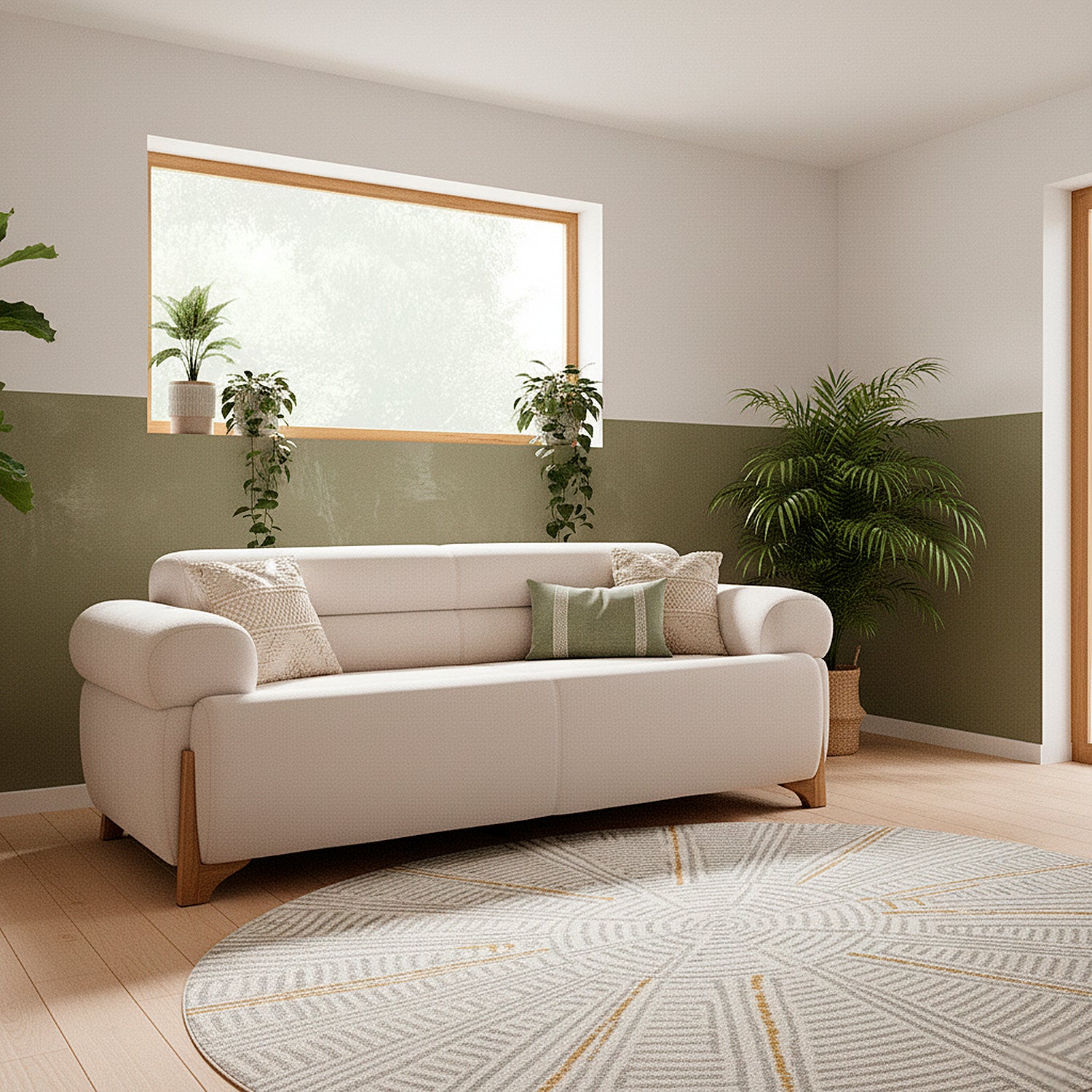 Sofa 3 Puesto Larisa + Comedor Dousty Chenille Impetu, Beige, Natural