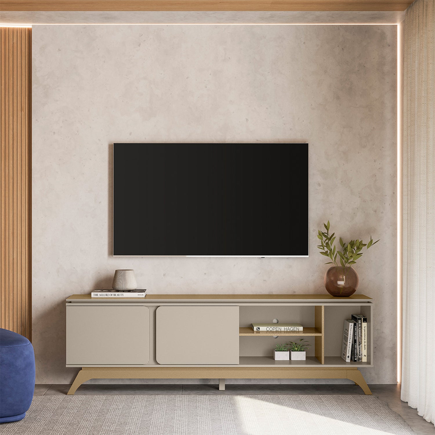 Mesa De Tv Estambul Off White Champaña 200X62X36