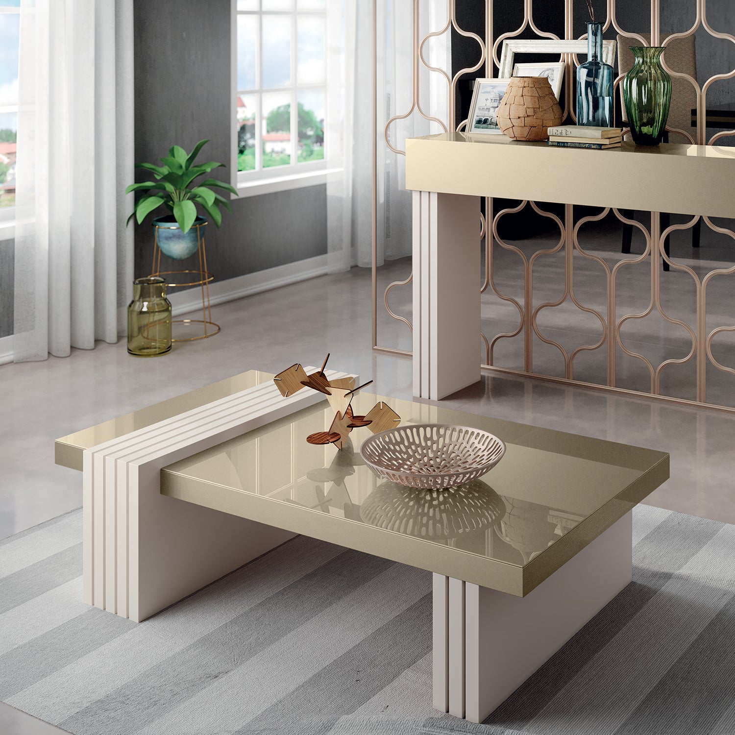 Mesa De Centro Vero Off White, Champaña 107X33X60